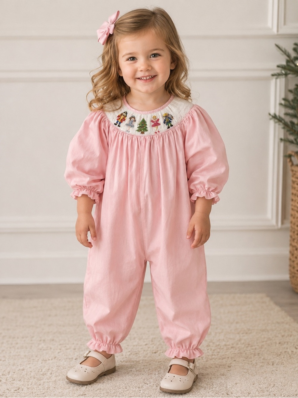 Pink Smocked Baby Romper with Holiday Motif Size 18 months Smockingbird brand